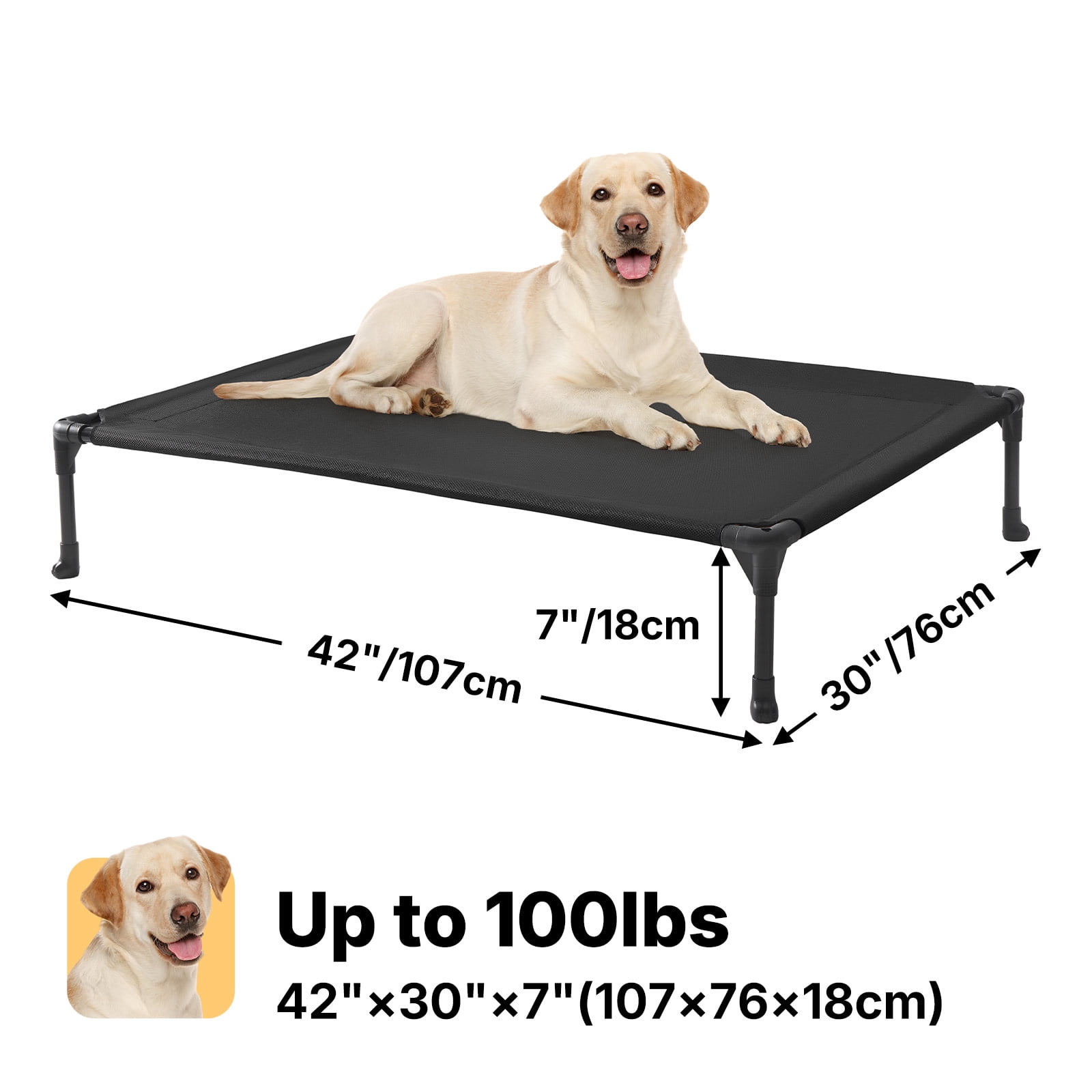 Veehoo Cooling Elevated Dog Bed, Portable Raised Pet Cot with Washable Mesh, 42"x30", Black