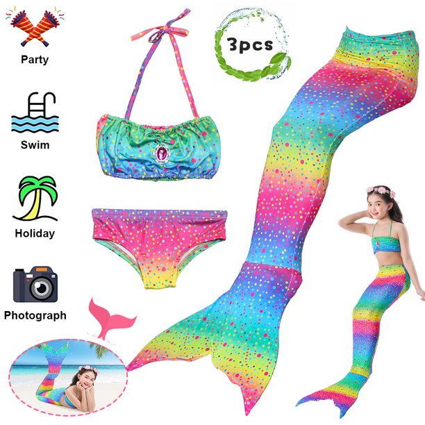 Amerteer Mermaid Tail For Swimming Girls Swimsuit Princess Bikini Set Bathing Suit Swimmable 8780