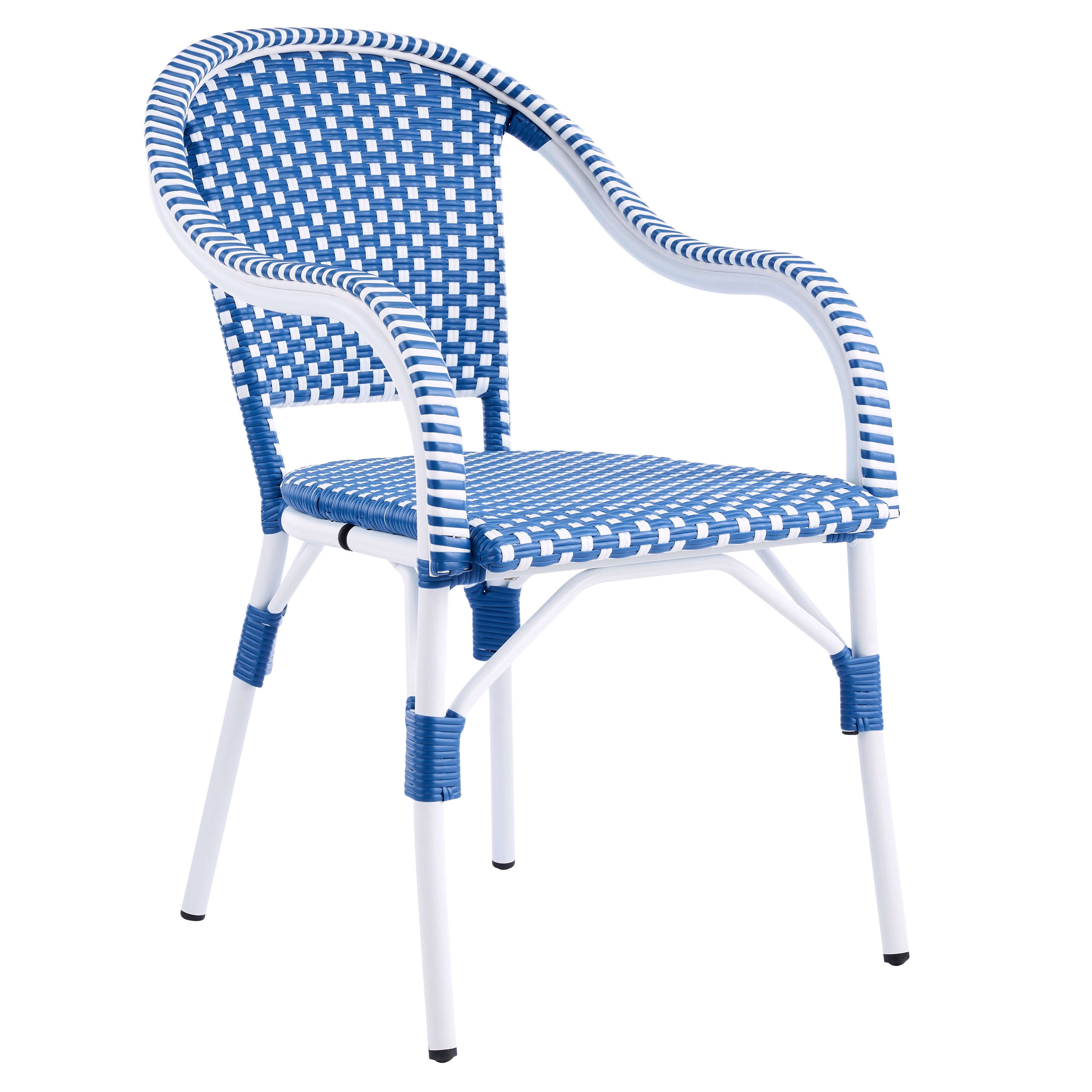 Bistro Chairs Set of 2, Outdoor Aluminum Frame Weather Resistant PP Rattan Chairs for Porch Garden, White and Blue