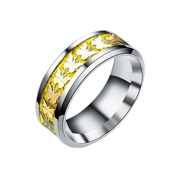 PAMTIER Men's 8mm Stainless Steel Simple Creative Butterfly Wedding Ring Biker Band Butterfly Pattern Inlay Gold Carbon Fiber Size 11