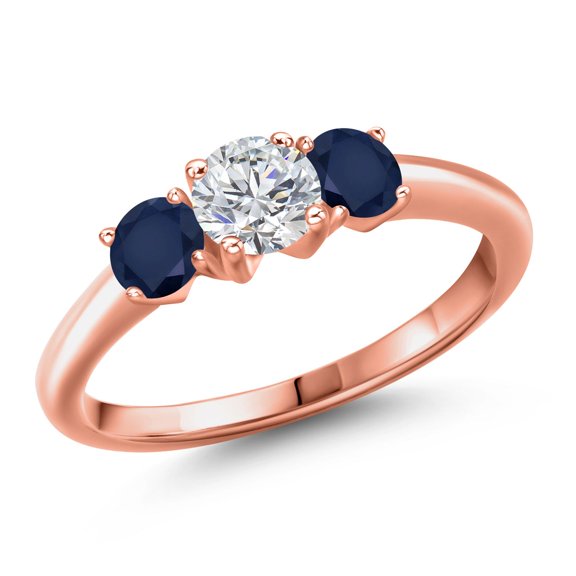 Gem Stone King 18K Rose Gold Plated Silver Lab Grown Diamond and Blue Sapphire Engagement Ring for Women | 1.20 Cttw | Round 5MM | Gemstone April Birthstone | Size 7