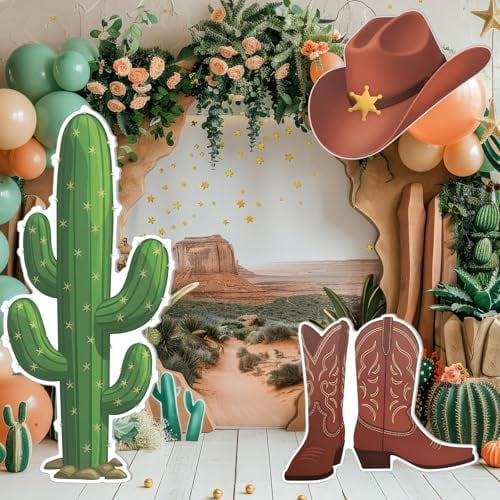 3 Pcs Western Cowboy Party Decorations Cowboy Country Cardboard Cutout with Hat Boots Cactus Standup for West Decorations Cowgirl Photo Prop Farm Wild Occident Themed Party Supplies