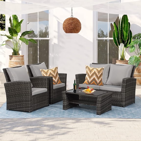 Superjoe 4 Piece Outdoor Patio Furniture Set Rattan Sectional Conversation Set, 4 Cushioned Seats, Gray, 4