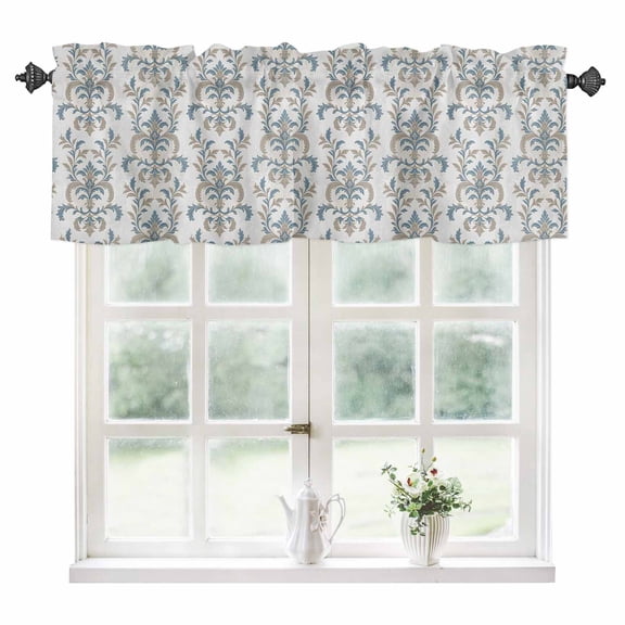 Blue Tan Flower Kitchen Valances for Windows 42x12 Inch Kitchen Curtains Valances Rod Pocket Abstract Vintage Ethnic Tribal Boho Bathroom Window Valances for Window Treatment Decor