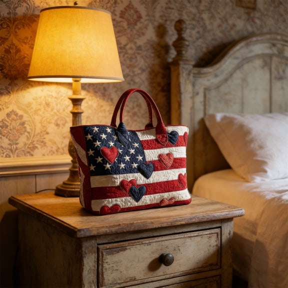 Quilted Tote Bag American Flag Heart Applique Handbag Patriotic Red White Blue Star and Stripe Tote for 4th of July Independence Day USA 250th Anniversary Daily Use Holiday Events
