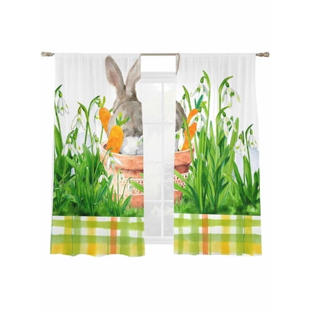 Easter Bunny Sheer Curtains 2 Panels Set Spring Bunny Sitting on A Flowerpot Carrot Green Flower Sheer Window Curtains Light Filtering Rod Pocket Voile Drapes for Bedroom Living Room 52 X72