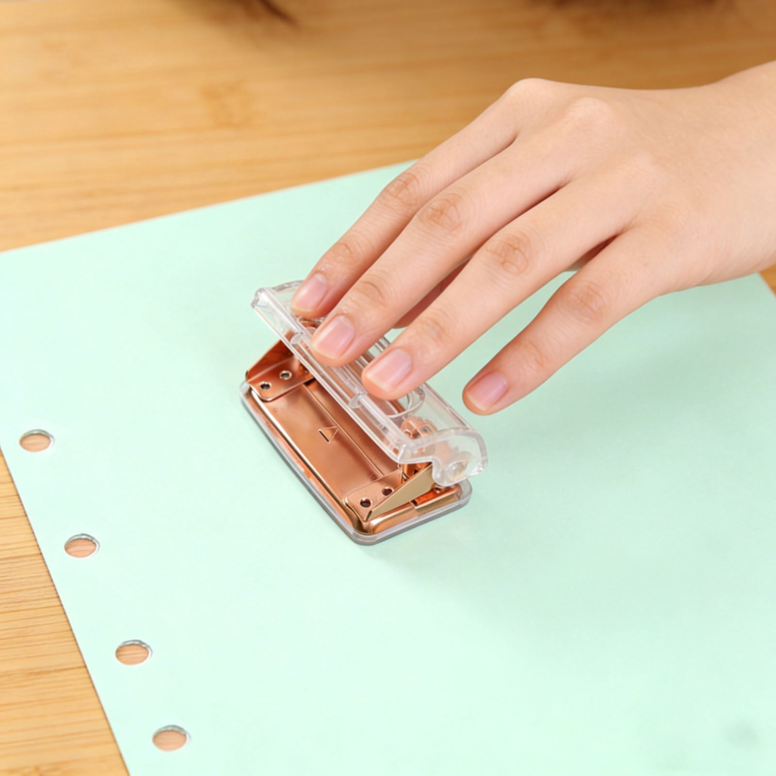 1-5PC Rose Gold Two Hole Puncher Clear 2 Holes Paper Punch Compact Portable 3.94x2.13x1.77 Inch Ergonomic Office Desktop Accessory for Home DIY Crafts Planner
