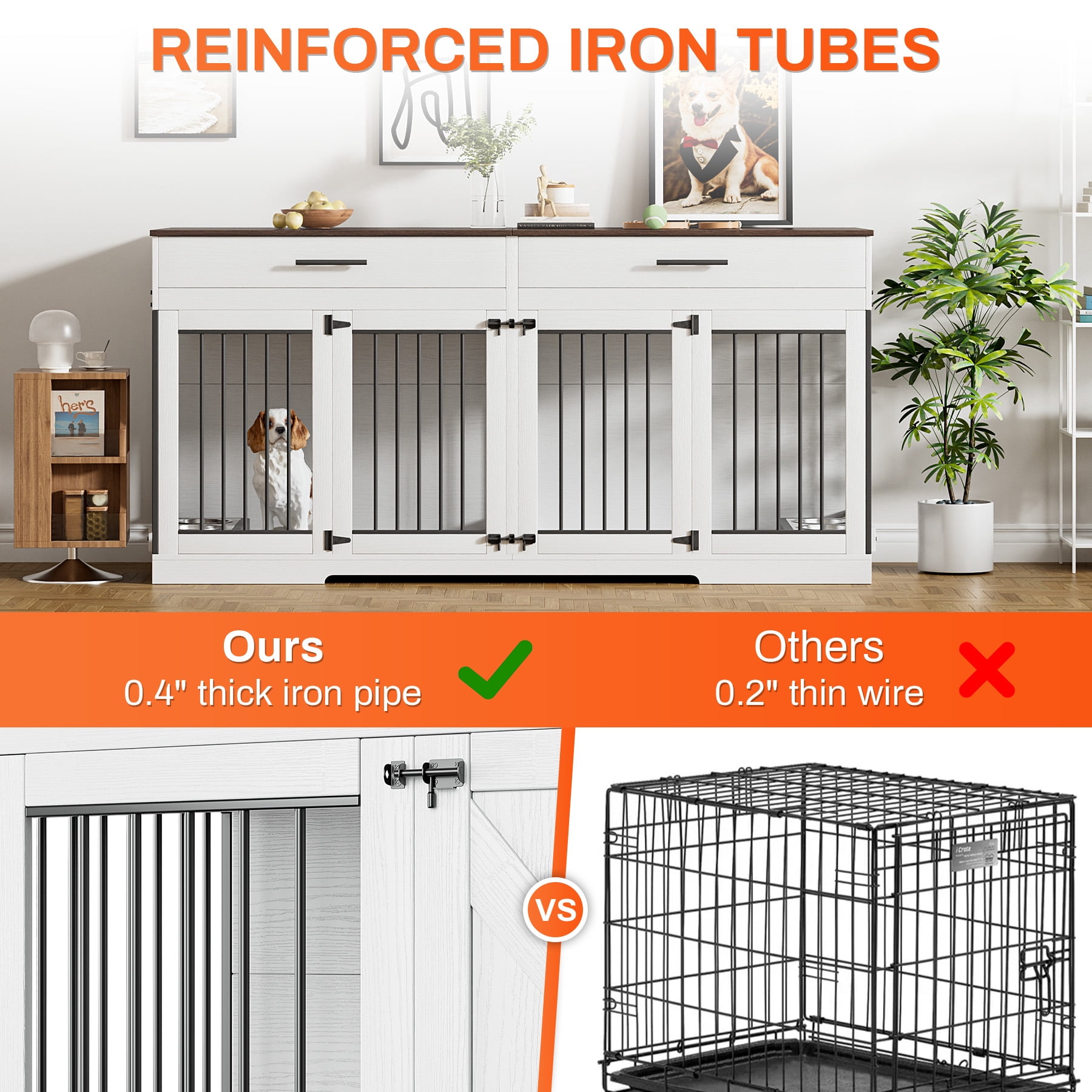 Rophefx 72" Dog Crate Furniture for 2 Dogs,Large Kennel with 2 Drawers and 4 Bowls,Wooden Heavy Duty Indoor Dog House,White