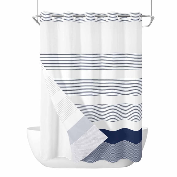 No Hook Shower Curtain, Navy Blue Stripe Standard Shower Curtains with Snap in Liner, Modern Rustic Horizontal Blue Striped Waterproof Washable Fabric Bathroom Curtain Sets, 60"W x 72"L