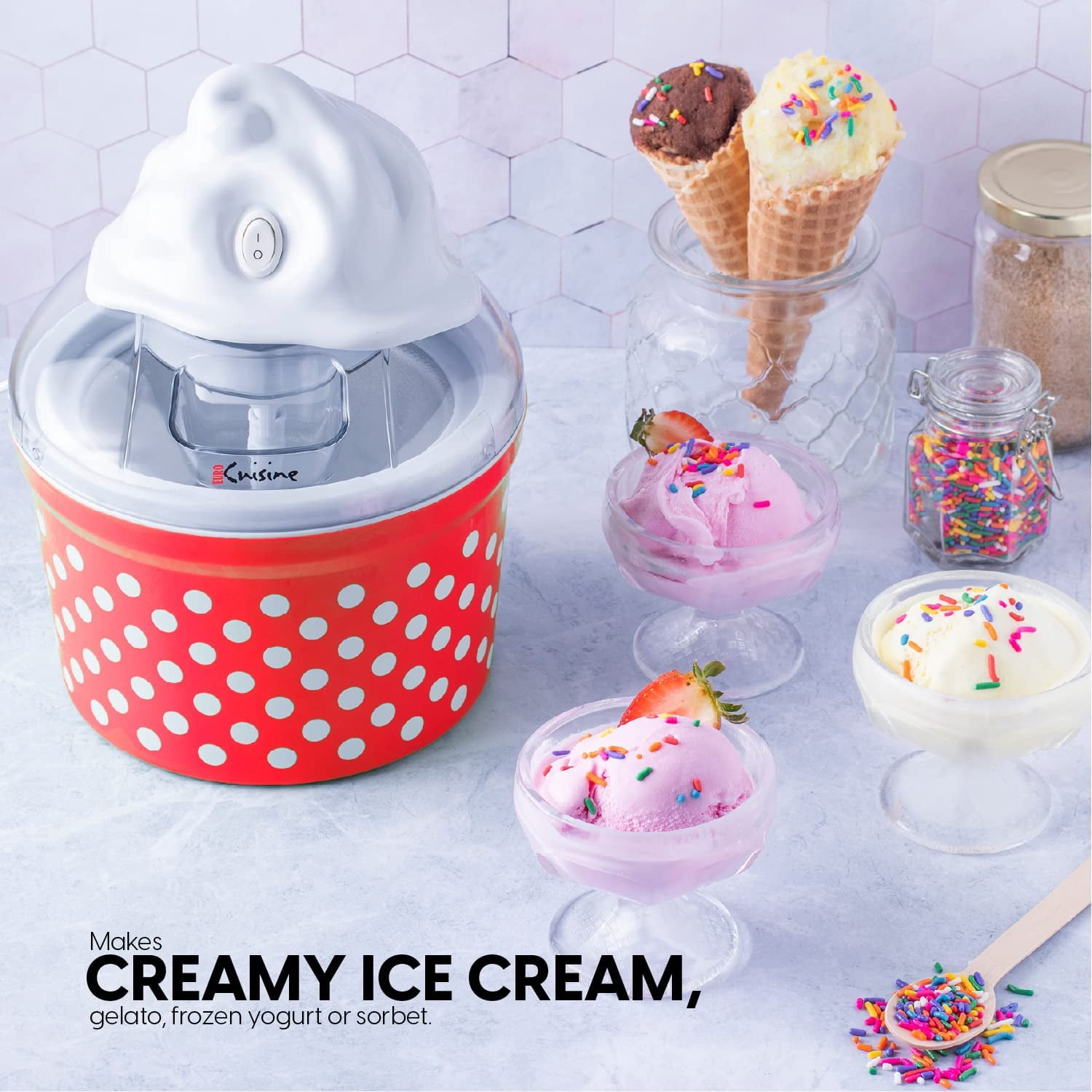 Ice  Maker with 4 Glass Cups - Double-Insulated Freezer Bowl for Homemade Gelato, Sorbet &  Yogurt in 30 Minutes