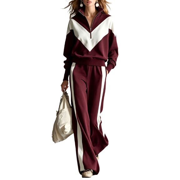 Szluipve Women’s Color Block Tracksuit 2 Piece Outfits Half Zip Stand Collar Chevron Patchwork Sweatshirt & Side Stripe Wide Leg Pants Casual Loungewear Set Wine S