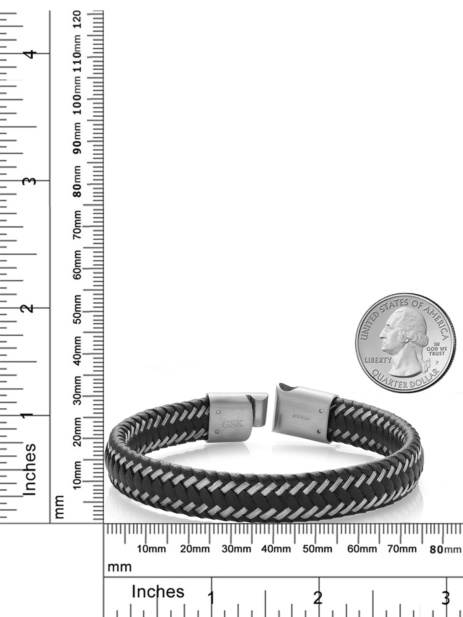 Gem Stone King Stainless Steel and Black Leather Bracelet for Men | 8.5 inch | 11mm Width | Secure Clasp