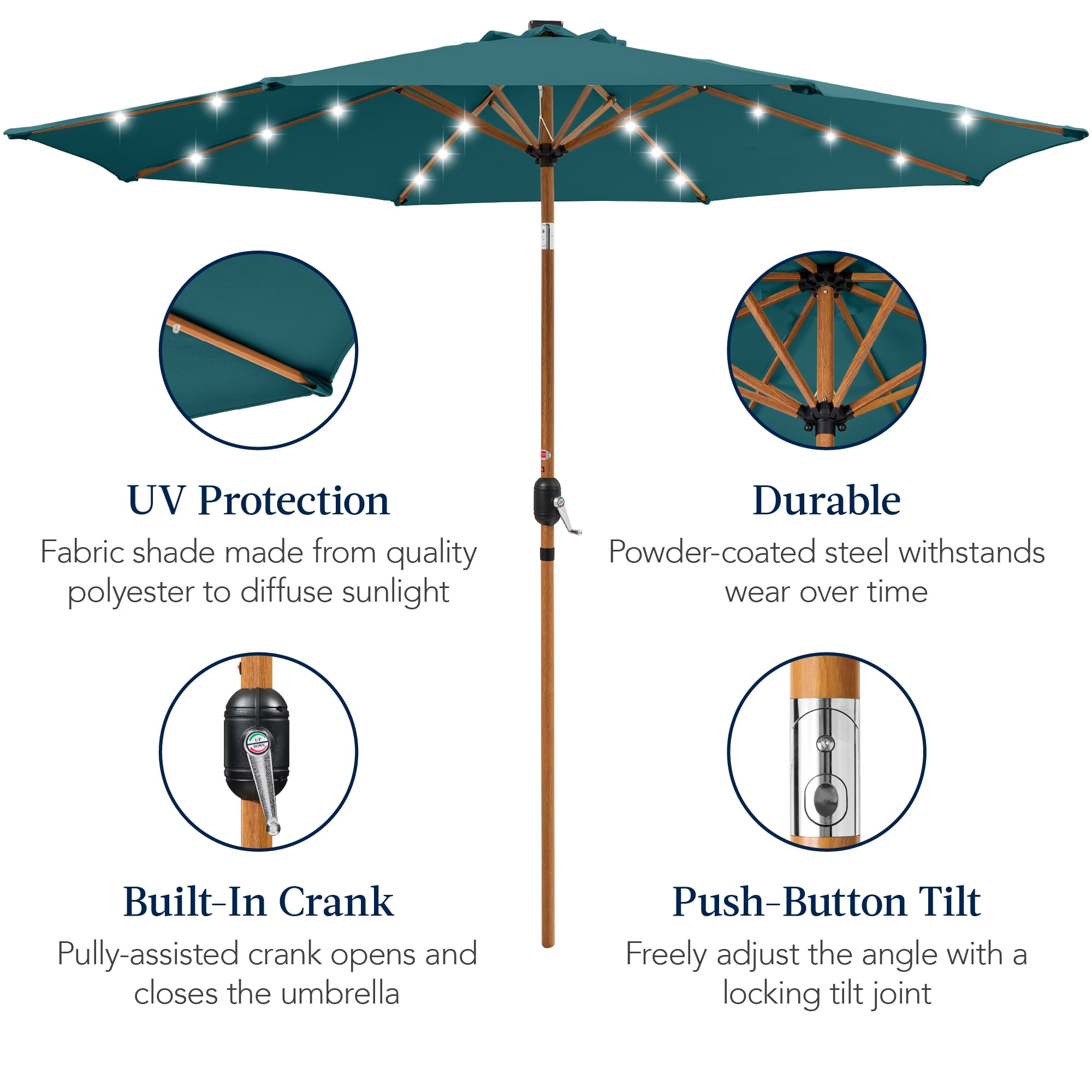 Best Choice Products 10ft Solar LED Lighted Outdoor Woodgrain Pattern Steel Market Patio Umbrella - Cerulean