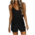 thumbnail image 3 of Lcziwo Casual Short Rompers for Women Drawstring Elastic Waist Solid Loose Jumpsuits Spaghetti Strap V Neck Pockets Summer Outfits Black,XXL, 3 of 7
