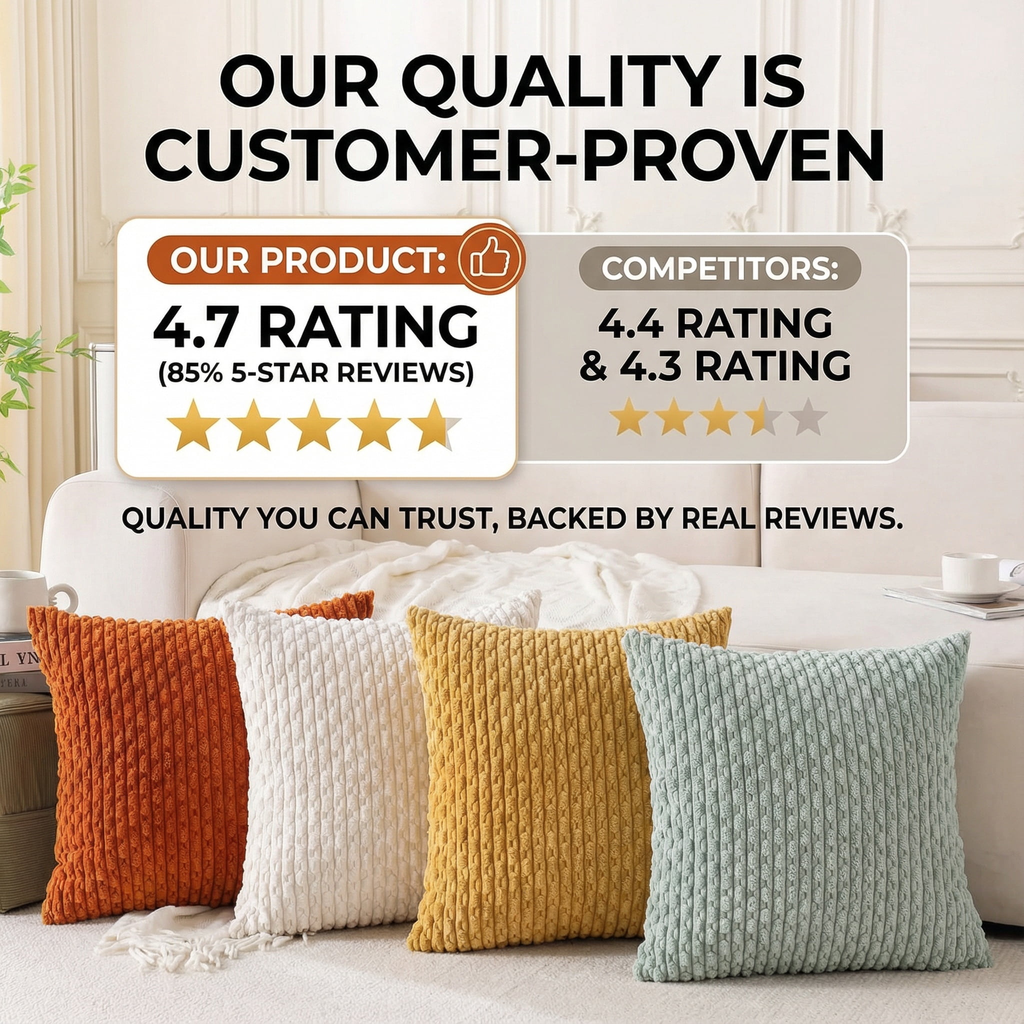 HAPPINESS 4 Pack Decorative Throw Pillow Covers, 22x22 Inch Soft Plush Striped Corduroy Couch Pillow Covers, Yellow Rust Aqua