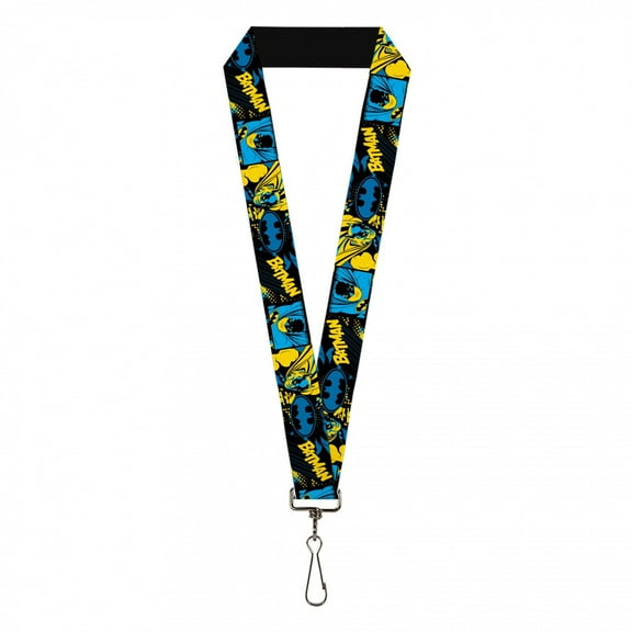 DC Comics Lanyard, Batman Poses and Logo Collage Black Blue Yellow, Elastic