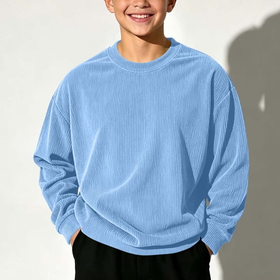 Spazoro Boys Corduroy Pullover Sweatshirt, Relaxed Fit Long Sleeve Solid Color Crewneck Cozy Daily Wear Top Blue Size 5-6