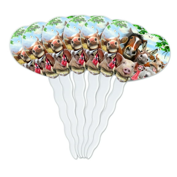 Farm Selfie Horse Pig Chicken Donkey Cow Sheep Heart Love Cupcake Picks Toppers Decoration Set of 6