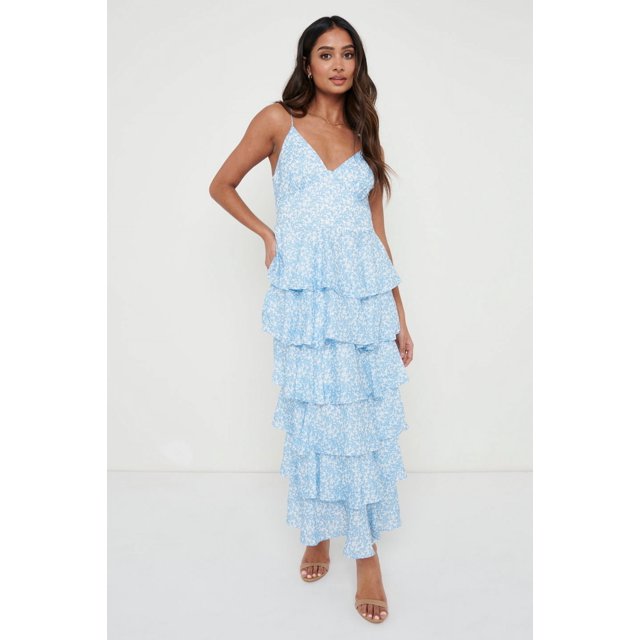 Faithtur Robe Longue à Imprimé Floral pour Femmes Col en V Volants Superposés Robe Cami Sans Manches Robe d'Été Décontractée de Plage pour Fête