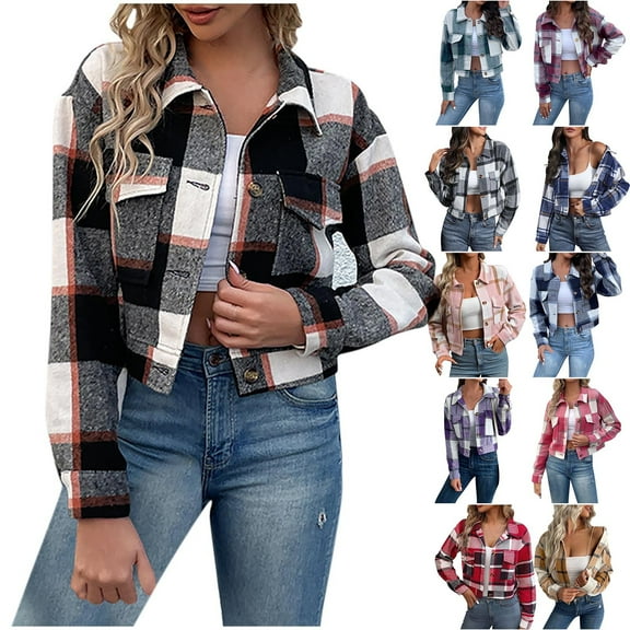 ZZwxWA Women's Flannel Plaid Cropped Shacket Jacket Lapel Button Down Fall Fashion 2025 Woolen Coats Outerwear Casual Jackets