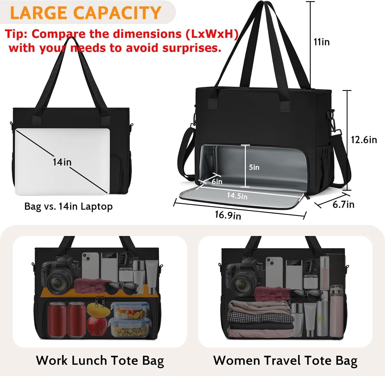 Lohol 2-in-1 Insulated Lunch & Work Tote Bag for Women, 15.6" Laptop Compartment, Teacher & Nurse Office Bag, Casual Laptop Messenger Bag-Black