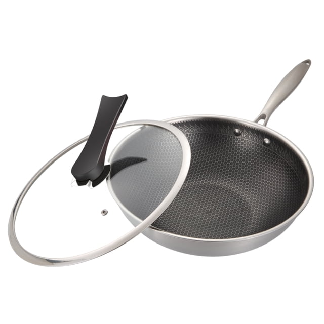 Amdohai Stainless Steel Fry Pan with Lid Non-Stick Wok Saucepan Cookware Flat Bottom Kitchen Cooking Pan Food Cooker Fast Heat-up