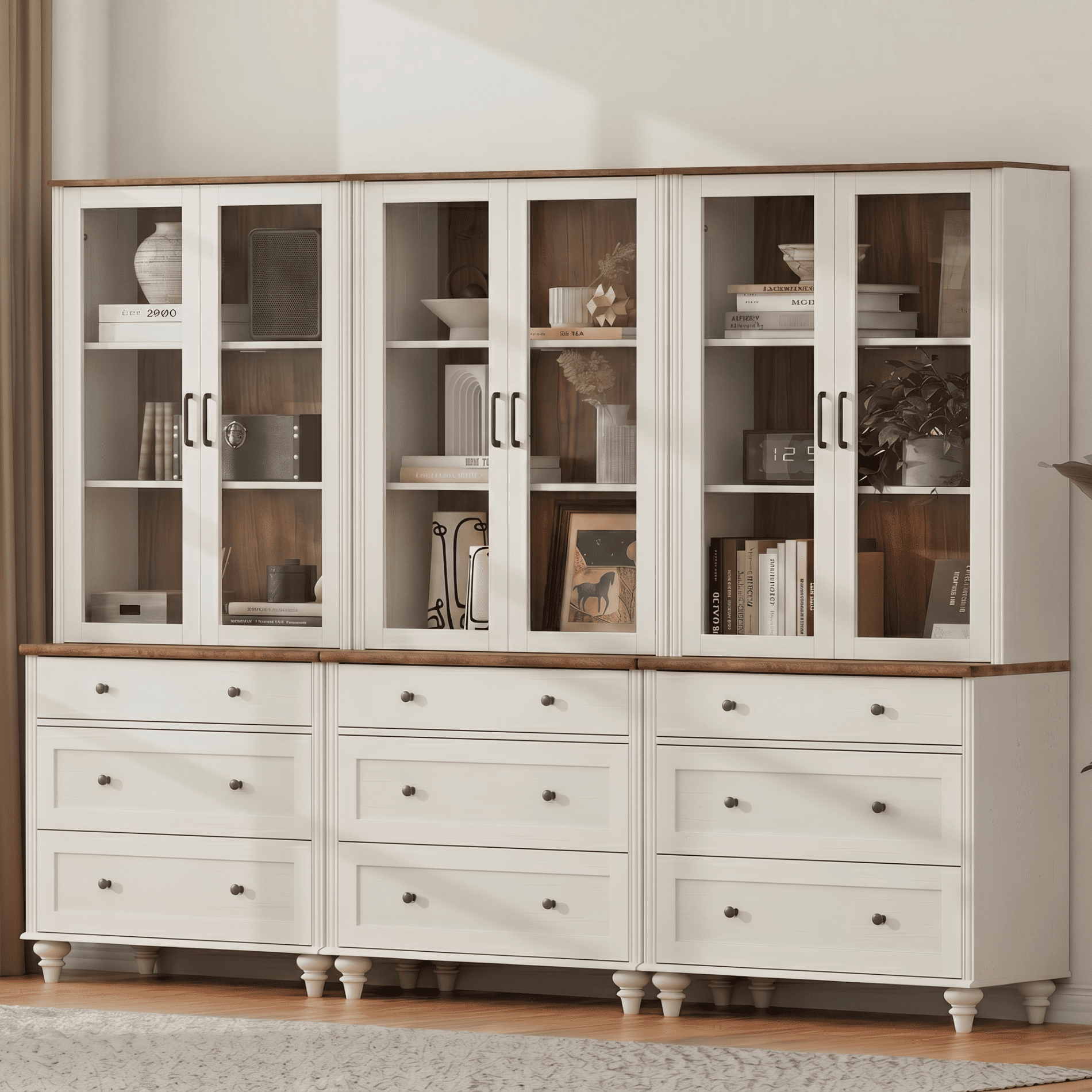 White 5-Tier Bookcase with Glass Doors, Bookshelf with 9 Drawers, Farmhouse Library Wooden Bookshelves for Living Room, Office, Kitchen