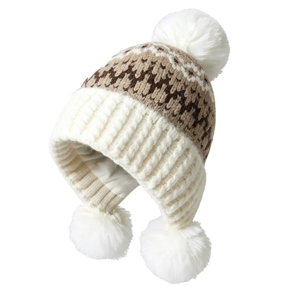 SYMOID Womens Fair Isle Knit Earflap Beanie with Pom Poms - Acrylic Winter Hat, White Hats,Size Free Size