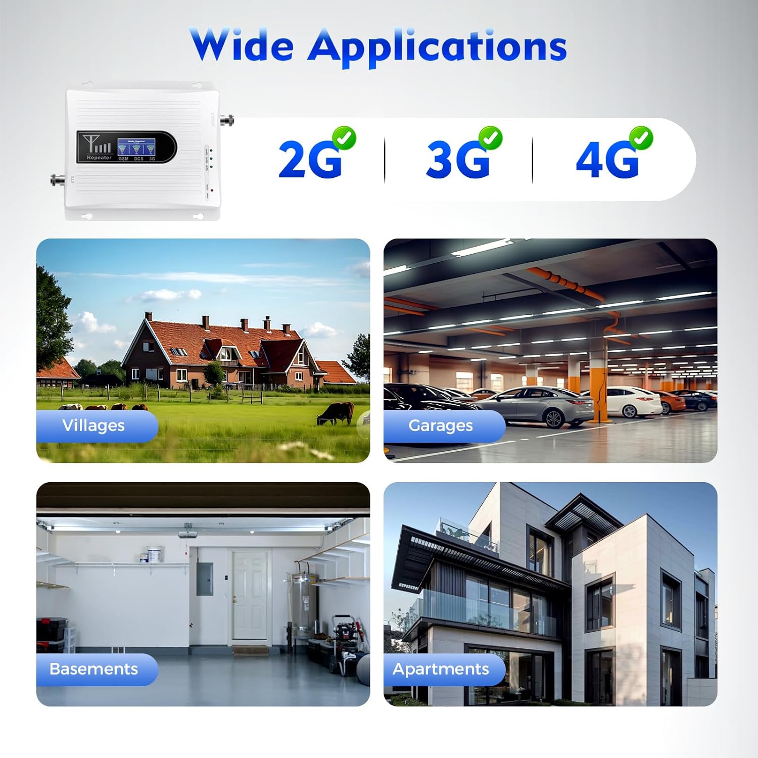 Cell Phone Signal Booster, GSM DCS WCDMA 900/1800/2100MHz Band Signal Amplifier Kit with Indoor Outdoor Antenna, 2G/3G/4G GSM Mobile Signal Amplifier for Home,Coverage Area up to 300-500