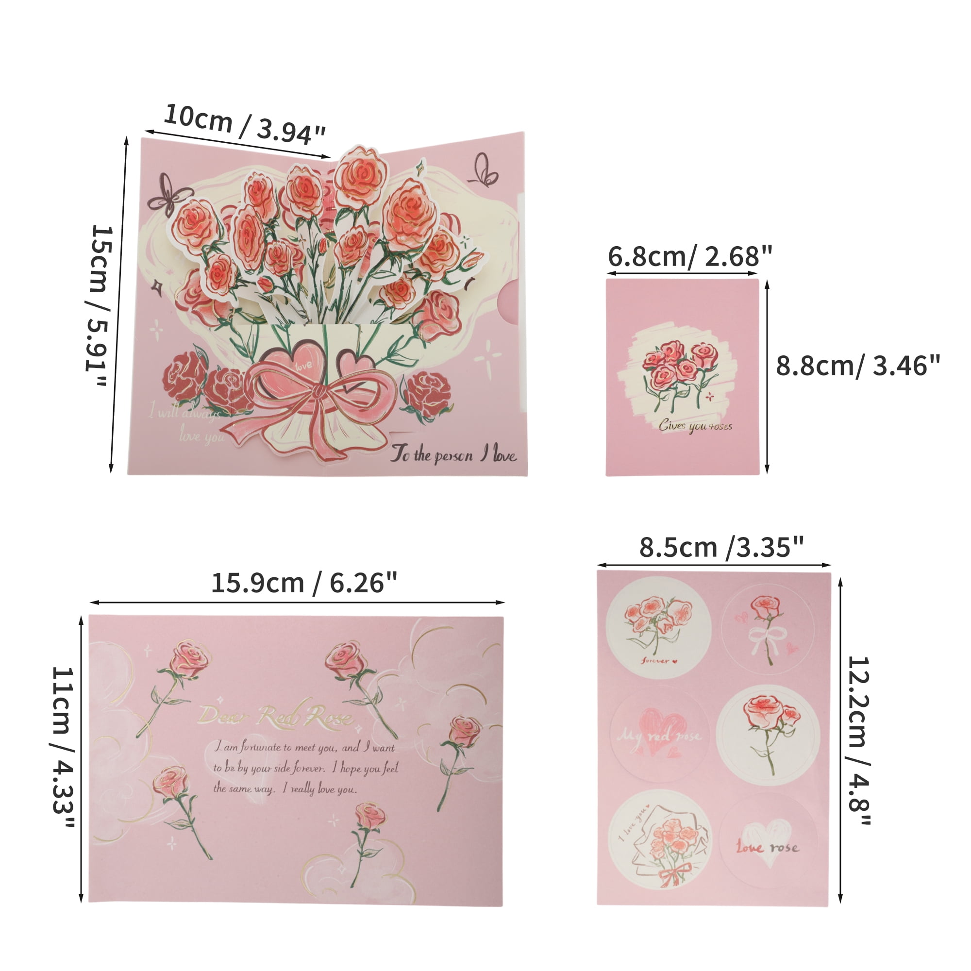 Unique Bargains Floral Pops Up Card 3D Greeting Cards with Envelope Pink Rose Bouquet