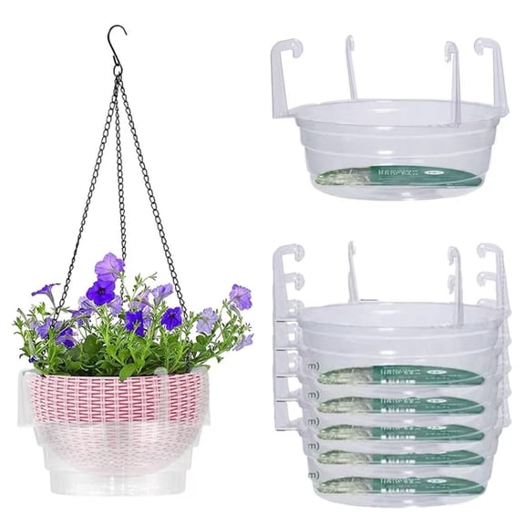 Holloyiver Hanging Basket Water Catcher, Hanging Basket Drip Pan with Hooks, Plastic Clear Hanging Basket Tray for Watering, Plastic Plant Saucer for Indoor Outdoor Hanging Plants Baskets(5pcs, 10in)