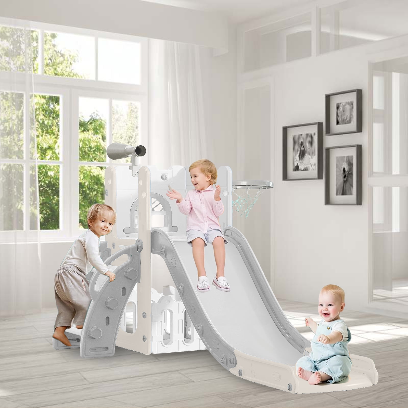 6 in 1 Kids Indoor Slide for Toddlers 1-3,Grey,Baby Slide for Indoor Outdoor with Basketball Hoop and Telescope,L Shaped Slide