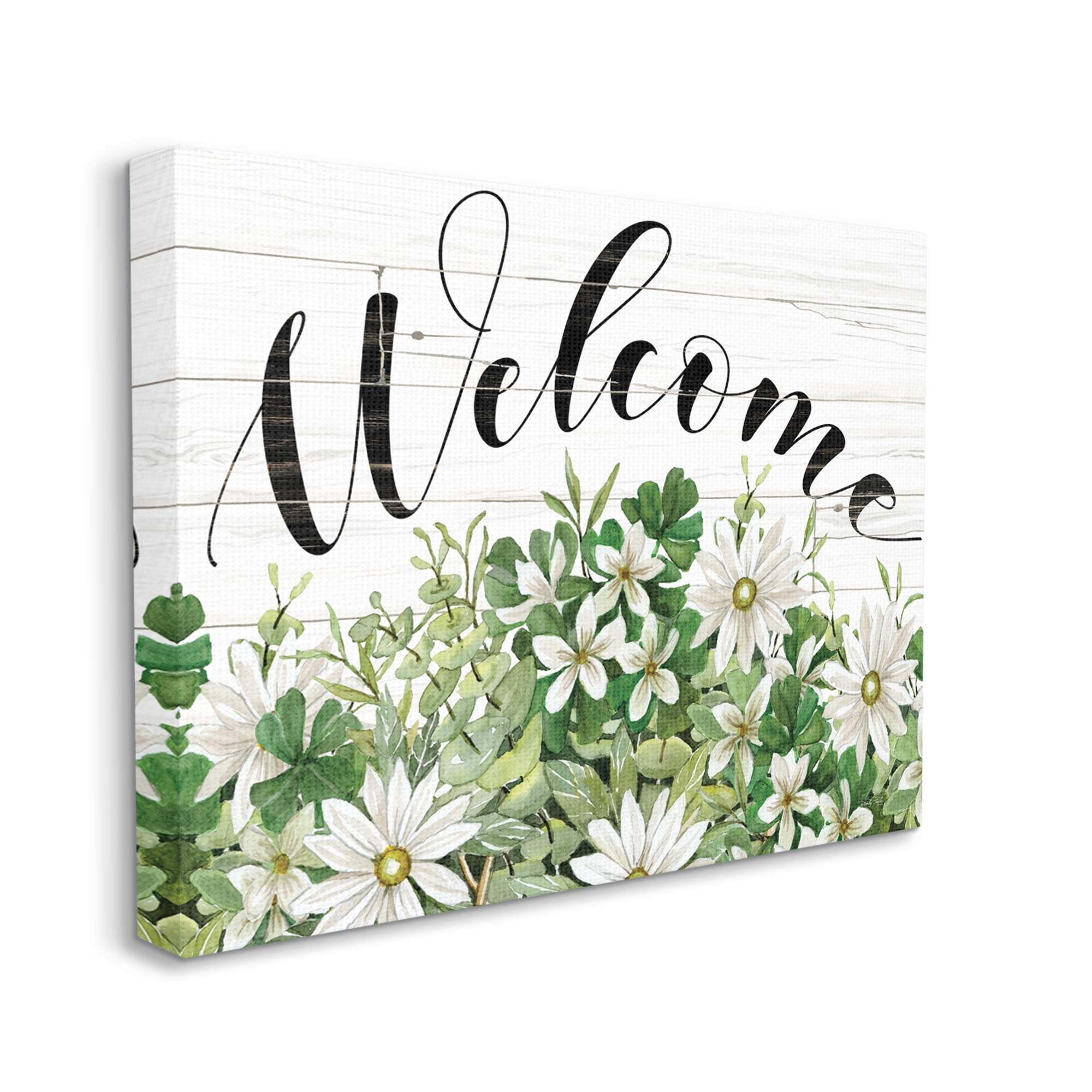 Stupell Industries Welcome Rustic Planked Sign White Flower Blossoms Graphic Art Gallery Wrapped Canvas Print Wall Art, Design by Cindy Jacobs