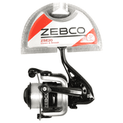 Zebco ZSE20 Spinning Fishing Reel, Size 20 Reel, Changeable Right- or Left-Hand Retrieve, Pre-Spooled with 8-Pound Zebco Fishing Line, Stainless Steel Bail Wire, Black and Silver
