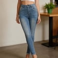thumbnail image 2 of Women's Fashion Skinny Jeans, Button Zip Fly Denim Pants with Rhinestone Bow Decor & Pockets, Slim Fit Ankle Length Skinny Trousers for Daily Street Wear Blue-C M(M), 2 of 5