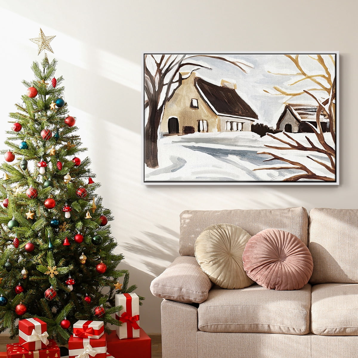 Winter Cottage II - Framed Gallery Wrapped Holiday Canvas - 25 x 37 - White Frame