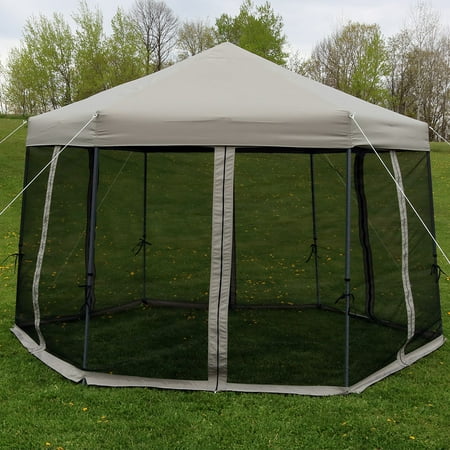 Screen For Outdoor Patio Sunnydaze Penthouse Hexagon Gazebo, Quick-Up Instant Outdoor Patio Canopy with Mesh Screen Sides and Rolling Bag, 12 Foot, Grey ()