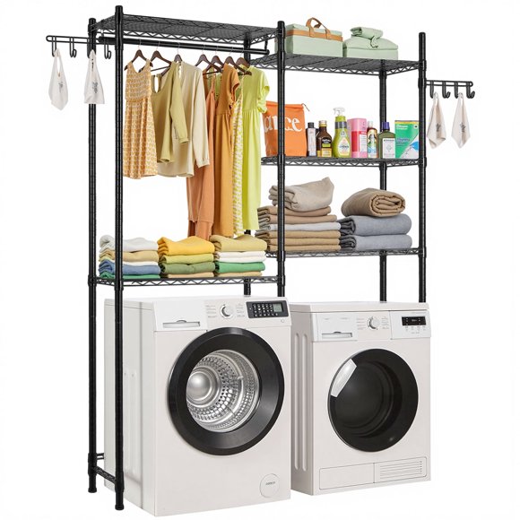 Étagères de rangement pour lave-linge et sèche-linge KFFKFF, étendoir à linge à 5 niveaux avec tringle et crochets, Étagères réglables à deux rangées pour gagner de la place, noir