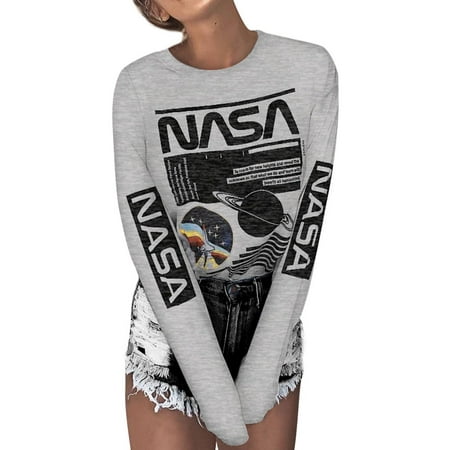 Women's NASA Planet Pattern Blouses Printed Tops Cotton Long-Sleeved T ...