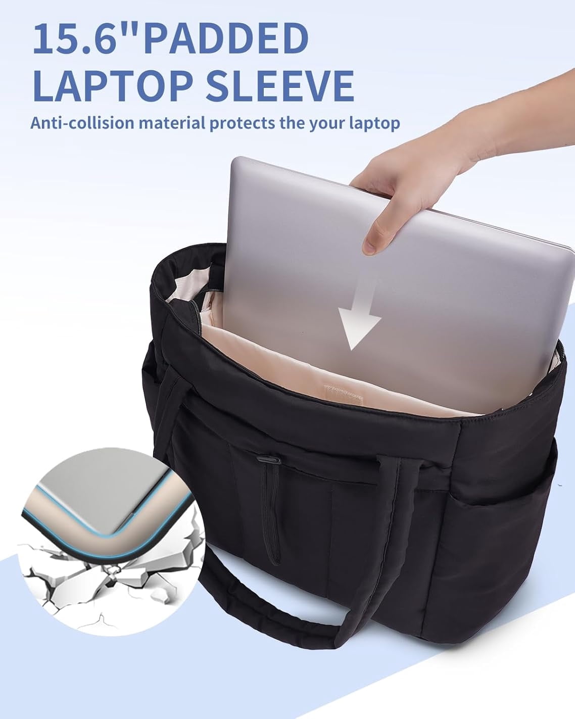 Puffer Tote Bag for Women, Shoulder Bag Handbag with Cup Holder & 15.6" Laptop Compartment & Trolley Sleeve for Travel, Work, Nurse, Lightweight, 20L
