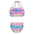thumbnail image 1 of TiaoBug Girls 2 Pcs Mermaid Bikini Sets Shiny Halter Ruffles Crop Top with Triangle Brief Bathing Suit Tankini Pink&Blue 120, 1 of 5