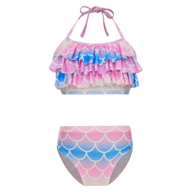 TiaoBug Girls 2 Pcs Mermaid Bikini Sets Shiny Halter Ruffles Crop Top with Triangle Brief Bathing Suit Tankini Pink&Blue 120