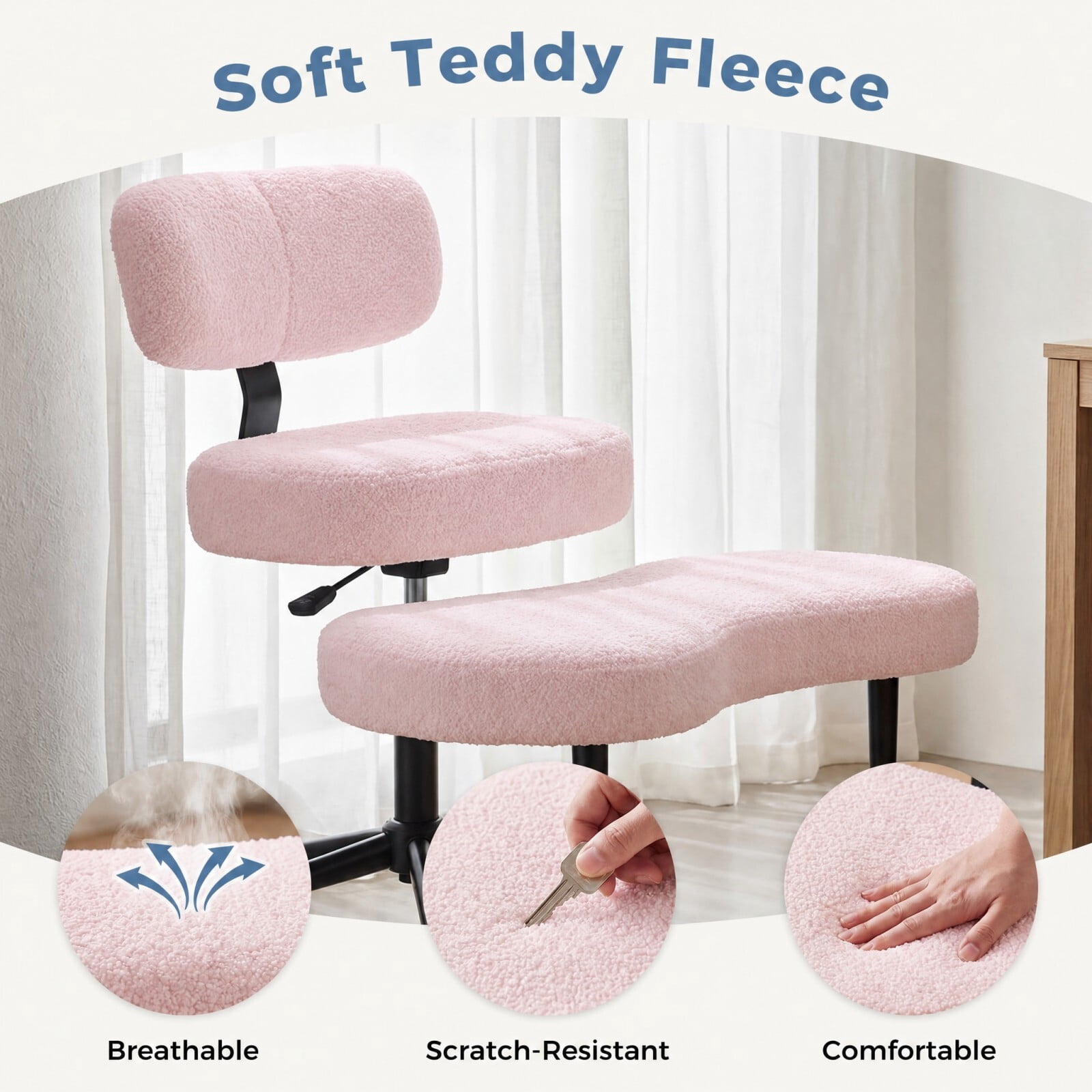 Kelno Cross Legged Meditation Chair with 360° Swivel Footrest Adjustable Backrest Ergonomic Teddy Fleece Office Chair, Pink