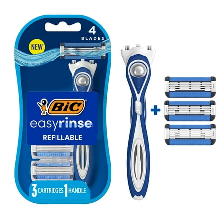 BIC EasyRinse Anti-Clogging Men's 4-Blade Refillable Manual Razors with 3 Cartridges, Assorted Colors