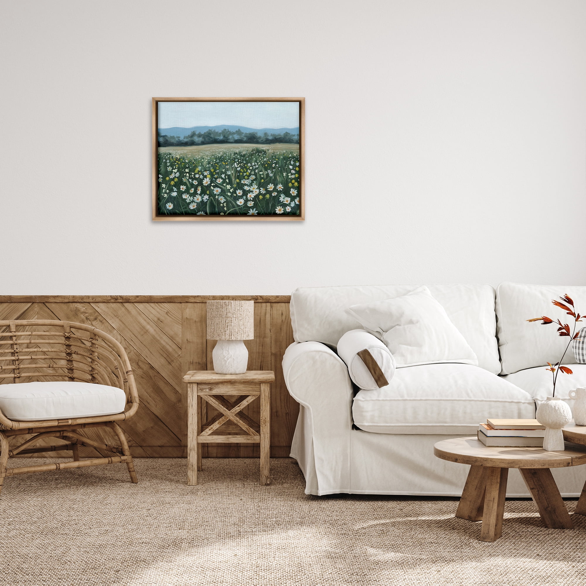 Stupell Industries Traditional Daisy Meadow Landscape Painting Brown Floater Framed Canvas Art Print Wall Art, 31 x 25