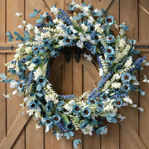 Idyllic 20" Spring Blue Daisy Wreath for Front Door, Blue and White Spikes with Green Leaves