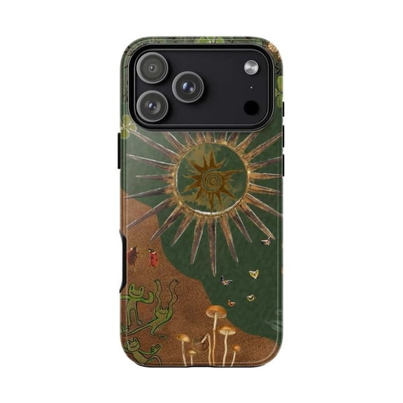 Mystical Forest Sun Phone Cover, Boho Earth Tone Frogs & Mushroom Design for iPhone 17 16 15 14 13 12 11 Series