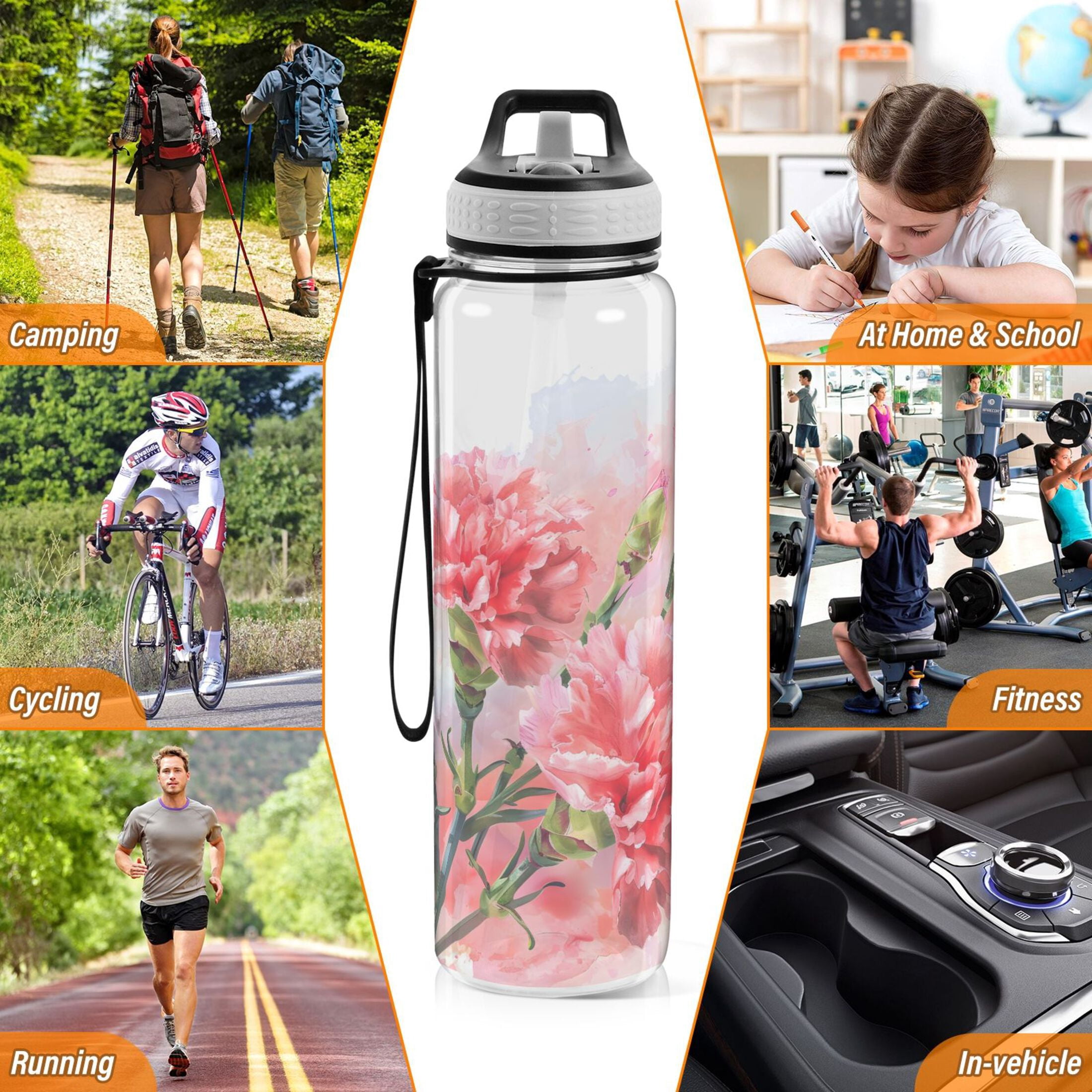 Painting Flowers Carnation Sports Water Bottle Portable Travel Mug 32oz BPA Free Leak Proof Straw Transparent Tritan for Gym Yoga Cycling Camping