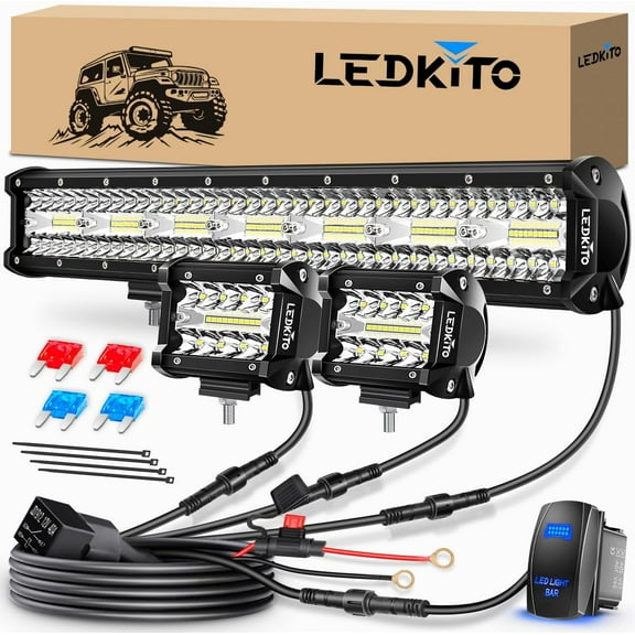 HUICHENG 20 Inch LED Light Bar and 2PCS 4 Inch LED Pods Kit with 3-Lead Wiring Harness and Rocker Switch, Triple Row Spot Flood Combo for Pickup UTV Truck Tractor Boat
