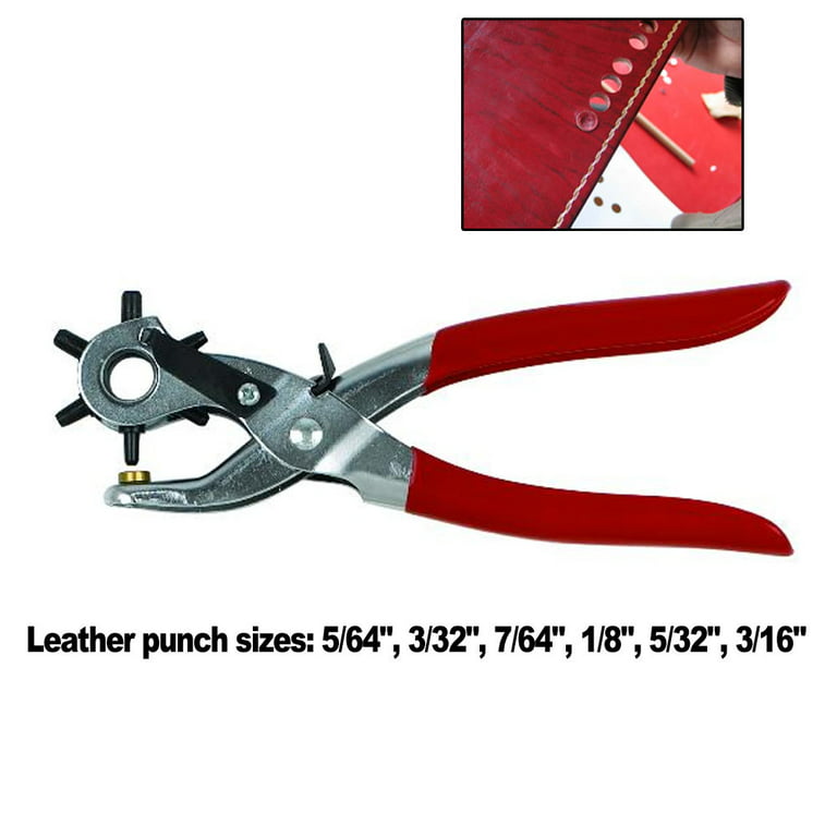 Cablevantage 6 Sized 9 inch Heavy Duty Leather Hole Punch Hand Plier Belt Holes Revolving Punches, Red